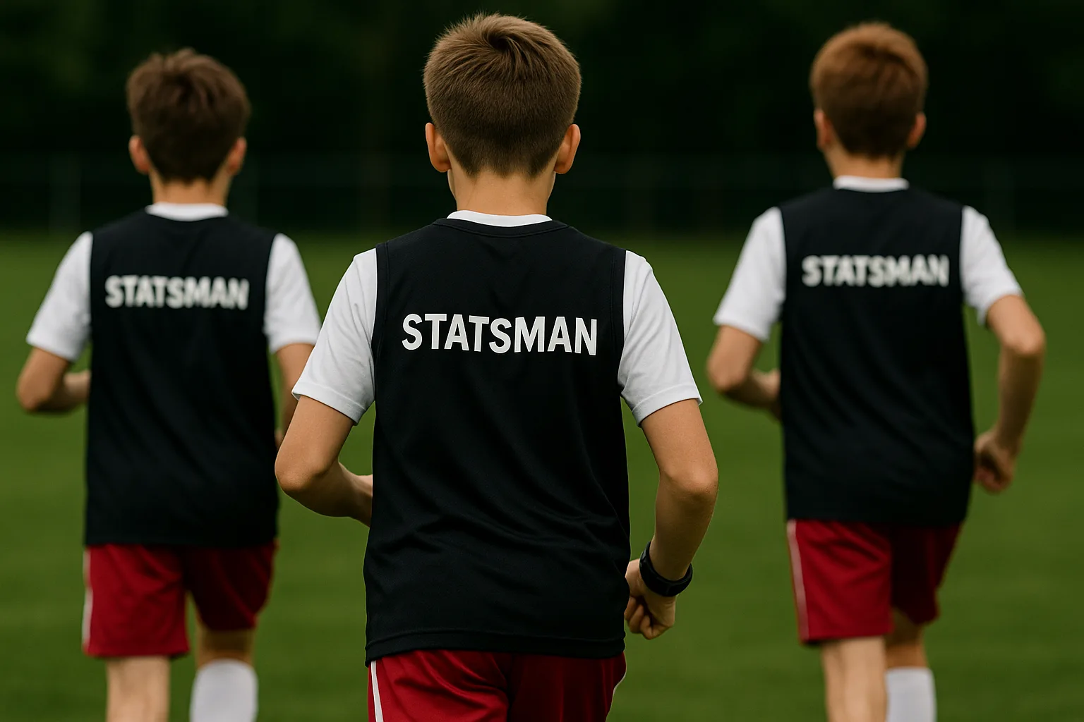 STATSMANビブスを着てグラウンドを走るジュニアサッカー選手たち